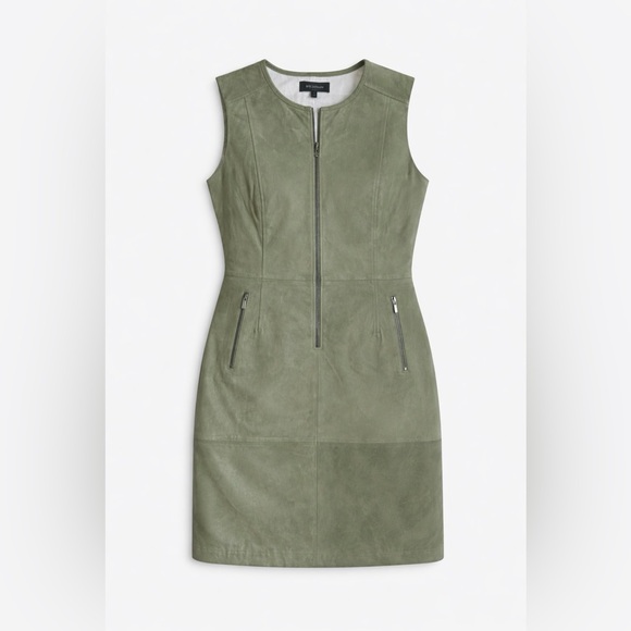 St. John Dresses & Skirts - St. John leather suede green zip midi dress. Striped lining. Very good cond. -14